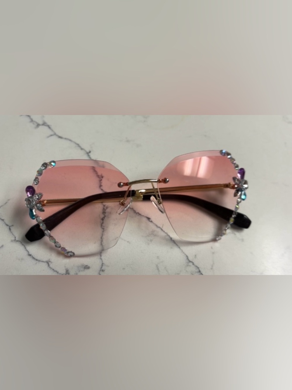 PINK RIMLESS SUNGLASSES WITH RHINESTONE EMBELLISHMENTS